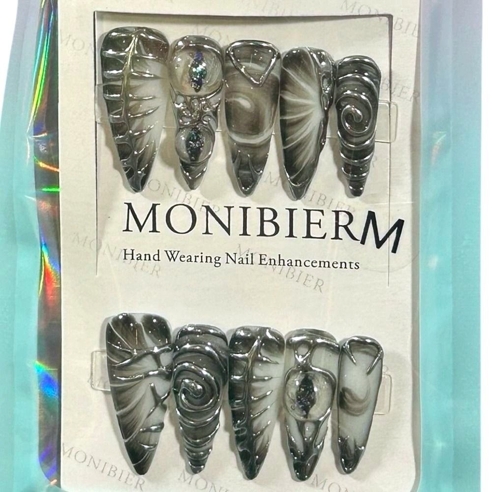 Black‎ Marble Press On Nails Gothic Edgy Dark Feminine Abstract 3D Chrome